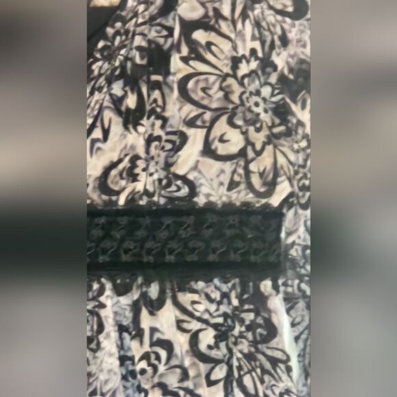 Eci 8 Gray Black 100% SILK LSlv Zipp Flocking Floral Print V-neck Women Blouse - Picture 5 of 12